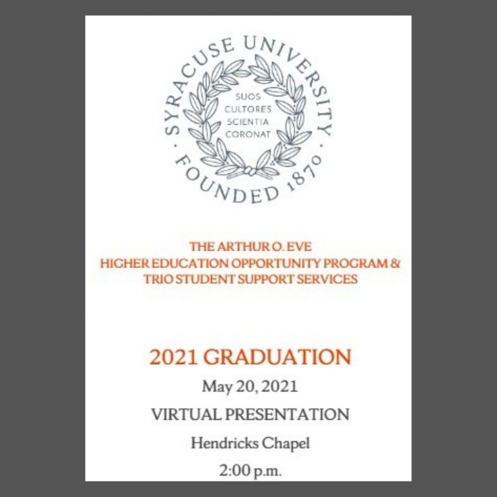 Syracuse University seal with text underneath regarding the virtual graduation ceremony