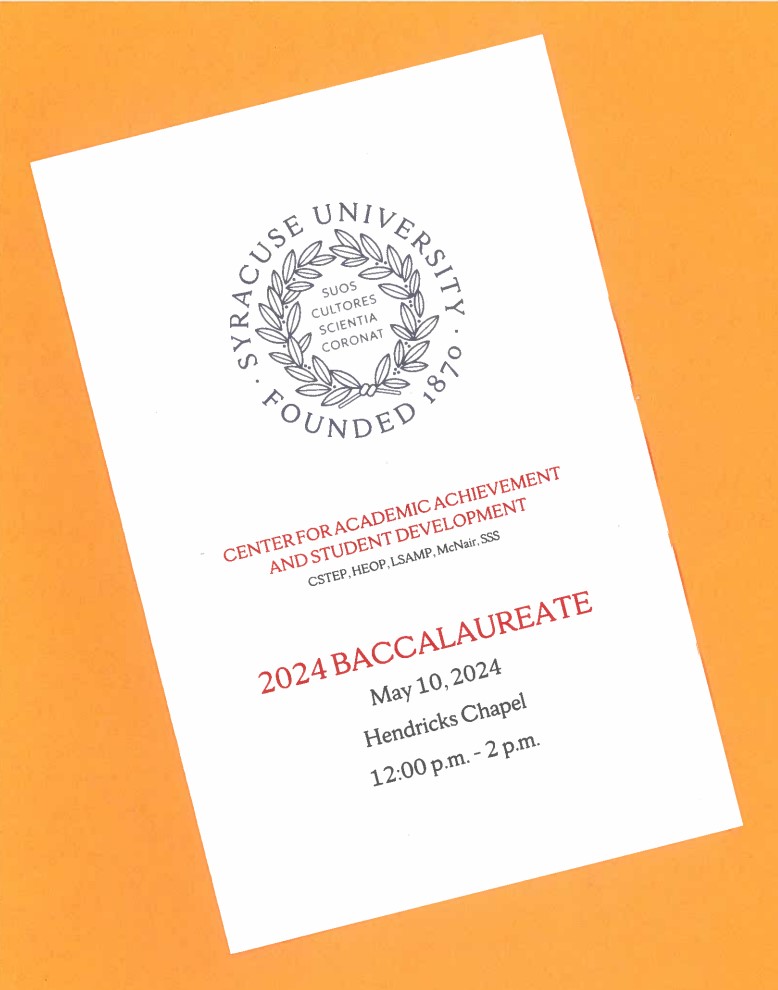 Photo of the cover of CAASD Baccalaureate program. Syracuse University seal and information regarding the date, location and time of the event are included.