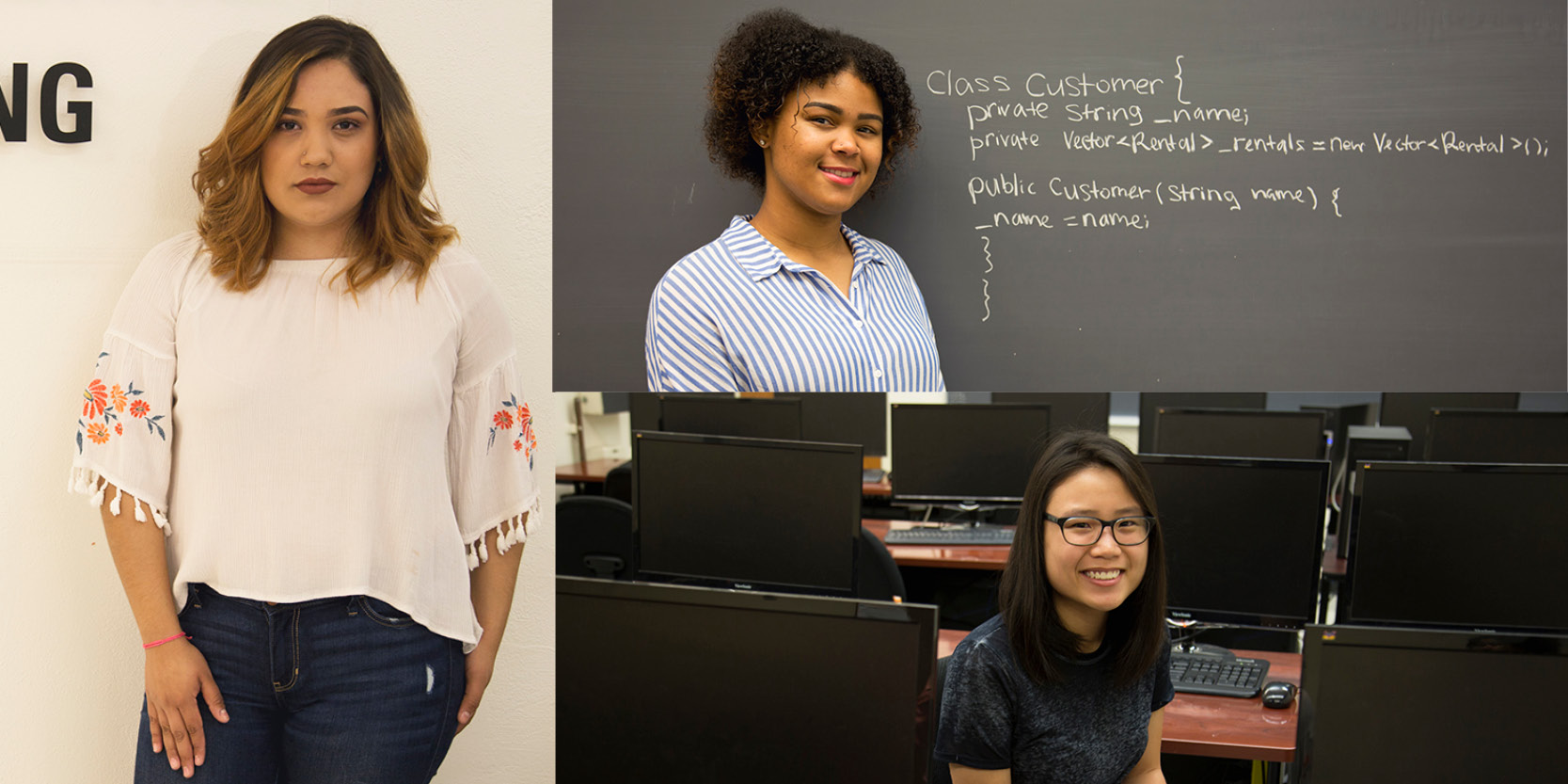 Three pictures of female engineering majors